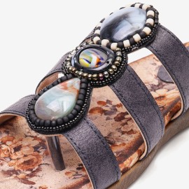 LOSTISY Beaded Bohemia Comfortable Clip Toe Flower Printing Casual Flat Beach Sandals