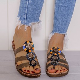 LOSTISY Beaded Bohemia Comfortable Clip Toe Flower Printing Casual Flat Beach Sandals