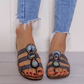 LOSTISY Beaded Bohemia Comfortable Clip Toe Flower Printing Casual Flat Beach Sandals