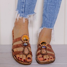 LOSTISY Beaded Bohemia Comfortable Clip Toe Flower Printing Casual Flat Beach Sandals