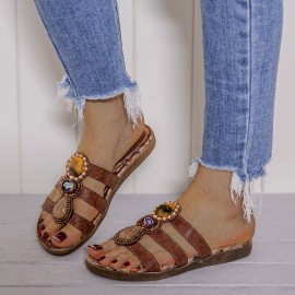 LOSTISY Beaded Bohemia Comfortable Clip Toe Flower Printing Casual Flat Beach Sandals