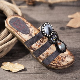 LOSTISY Beaded Bohemia Comfortable Clip Toe Flower Printing Casual Flat Beach Sandals