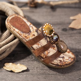 LOSTISY Beaded Bohemia Comfortable Clip Toe Flower Printing Casual Flat Beach Sandals