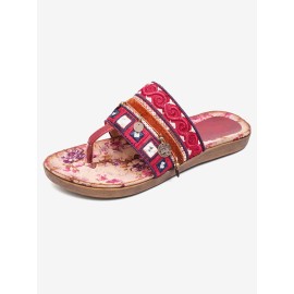 LOSTISY Beaded Flip Flops Flower Printing  Clip Toe Beach Sandals