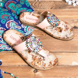 LOSTISY Beaded Flip Flops Flower Printing  Clip Toe Beach Sandals