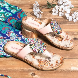LOSTISY Beaded Flip Flops Flower Printing  Clip Toe Beach Sandals