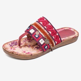 LOSTISY Beaded Flip Flops Flower Printing  Clip Toe Beach Sandals