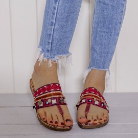 LOSTISY Beaded Flip Flops Flower Printing  Clip Toe Beach Sandals