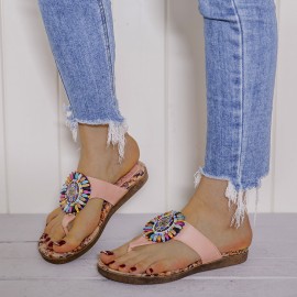 LOSTISY Beaded Flip Flops Flower Printing  Clip Toe Beach Sandals