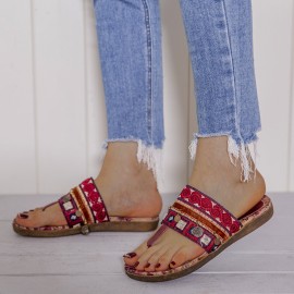 LOSTISY Beaded Flip Flops Flower Printing  Clip Toe Beach Sandals