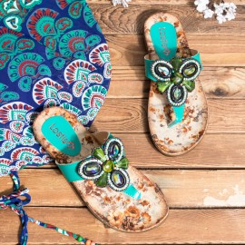 LOSTISY Beaded Flip Flops Flower Printing  Clip Toe Beach Sandals