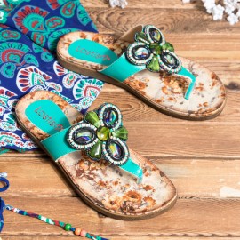LOSTISY Beaded Flip Flops Flower Printing  Clip Toe Beach Sandals