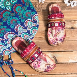 LOSTISY Beaded Flip Flops Flower Printing  Clip Toe Beach Sandals