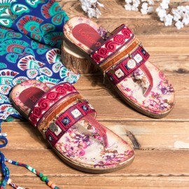 LOSTISY Beaded Flip Flops Flower Printing  Clip Toe Beach Sandals