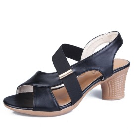 Peep Toe Elastic Band Chunky Heel Slip On Sandals