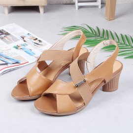 Peep Toe Elastic Band Chunky Heel Slip On Sandals