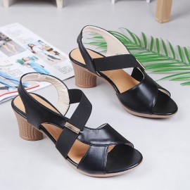 Peep Toe Elastic Band Chunky Heel Slip On Sandals