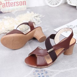 Peep Toe Elastic Band Chunky Heel Slip On Sandals