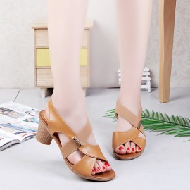 Peep Toe Elastic Band Chunky Heel Slip On Sandals