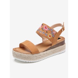 Lostisy Women Flowers Embroidered Slingback Espadrilles Buckle Platform Sandals