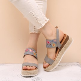 Lostisy Women Flowers Embroidered Slingback Espadrilles Buckle Platform Sandals