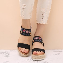 Lostisy Women Flowers Embroidered Slingback Espadrilles Buckle Platform Sandals