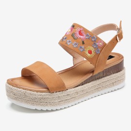 Lostisy Women Flowers Embroidered Slingback Espadrilles Buckle Platform Sandals
