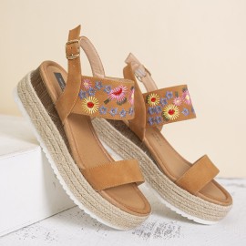 Lostisy Women Flowers Embroidered Slingback Espadrilles Buckle Platform Sandals