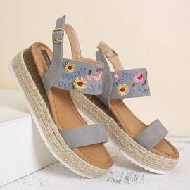 Lostisy Women Flowers Embroidered Slingback Espadrilles Buckle Platform Sandals