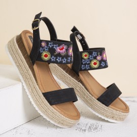 Lostisy Women Flowers Embroidered Slingback Espadrilles Buckle Platform Sandals