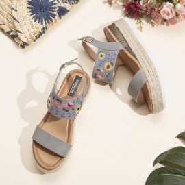 Lostisy Women Flowers Embroidered Slingback Espadrilles Buckle Platform Sandals