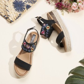 Lostisy Women Flowers Embroidered Slingback Espadrilles Buckle Platform Sandals