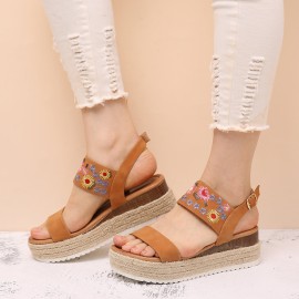 Lostisy Women Flowers Embroidered Slingback Espadrilles Buckle Platform Sandals