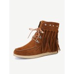 Large Size Women Comfortable Suede Metal Decoration Lace Up Tassel Flat Ankle Boots