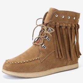 Large Size Women Comfortable Suede Metal Decoration Lace Up Tassel Flat Ankle Boots
