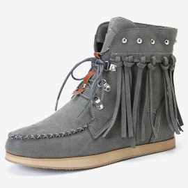 Large Size Women Comfortable Suede Metal Decoration Lace Up Tassel Flat Ankle Boots