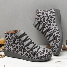 Large Size Leopard Suede Slip On Side Zipper Casual Flat Ankle Boots