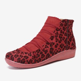 Large Size Leopard Suede Slip On Side Zipper Casual Flat Ankle Boots
