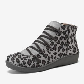 Large Size Leopard Suede Slip On Side Zipper Casual Flat Ankle Boots
