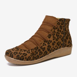 Large Size Leopard Suede Slip On Side Zipper Casual Flat Ankle Boots