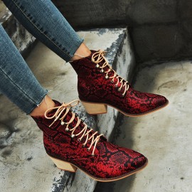 Plus Size Women Fashion Pointed Toe Serpentine Chunky Heel Strappy Boots