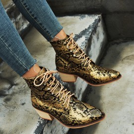 Plus Size Women Fashion Pointed Toe Serpentine Chunky Heel Strappy Boots