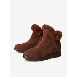 Women Warm Comfy Suede Round Toe Plush Zipper Flat Snow Ankle Boots