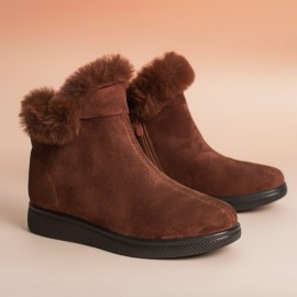 Women Warm Comfy Suede Round Toe Plush Zipper Flat Snow Ankle Boots