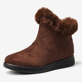 Women Warm Comfy Suede Round Toe Plush Zipper Flat Snow Ankle Boots