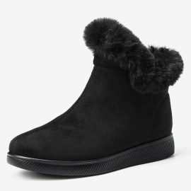 Women Warm Comfy Suede Round Toe Plush Zipper Flat Snow Ankle Boots