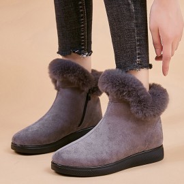 Women Warm Comfy Suede Round Toe Plush Zipper Flat Snow Ankle Boots