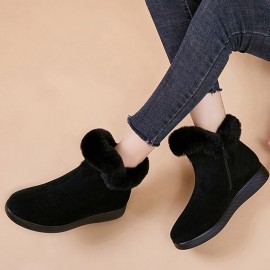 Women Warm Comfy Suede Round Toe Plush Zipper Flat Snow Ankle Boots