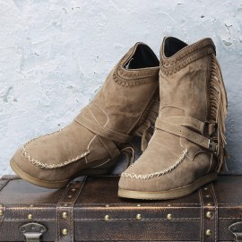 Women Casual Suede Stitching Tassel Flat Short Boots