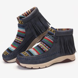 LOSTISY Tassel Stitching Colorful Stripe Outdoor Slip Resistant Ankle Boots